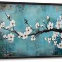 Large Zen Flowers Wall Art, Oversized Plum Blossom Pictures Wall Decor, Botanical Floral Canvas Prints Painting, Extra Blue Framed Artwork for Living Room Bedroom Office Bathroom Corridor Dining Room 36"x 24"