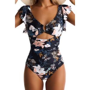 Women's One Piece Swimsuits Tummy Control Ruffle Bathing Suit Cutout Slimming Swim Suit V Neck Ring Linked Swimwear, Large