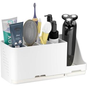 JUMEIHUI Bathroom Countertop Organizer with Water Absorbent Diatomite,8 Slots Bathroom Toothbrush Holder with Adjustable Dividers, Bathroom Sink Organizer Countertop (White)