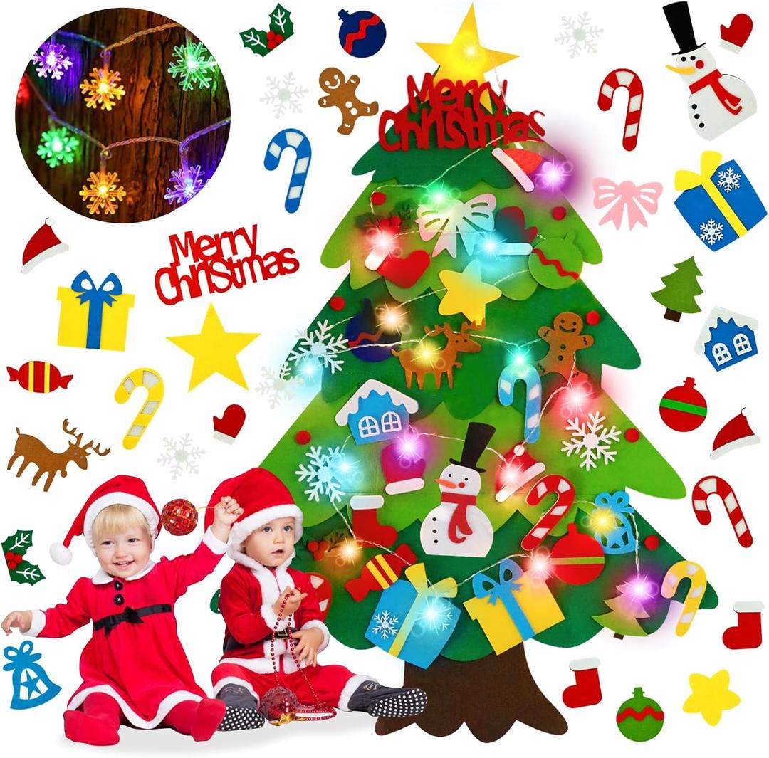 EMPOF Felt Christmas Tree for Toddlers - 3.3ft Felt DIY Tree Set for Kids Wall with Snowflake Lights + 32 Ornaments, Indoor Christmas Home Wall Hanging Decor, Kids Toddler Xmas Activities, Colorful