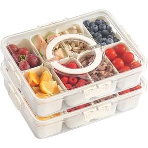 DAOTENGQL Snackle Box Container with Lid and Handle, Upgraded BPA-Free PP, Portable Divided Snack Tray for Travel, Picnic, Party, Camping, Beach, and Road Trips Large Size 11.8"x8.8" Clear and White