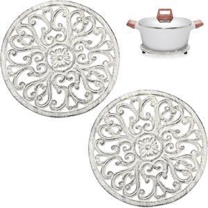Sumnacon 2Pcs Round Cast Iron Trivets  6.7 Inch Heat Resistant Iron Trivets for Hot Dish Pot Pan Plate Teapot, Rustic Cast Iron Hot Dish Plate Holder for Kitchen Dining Table Countertop Cooktop,White
