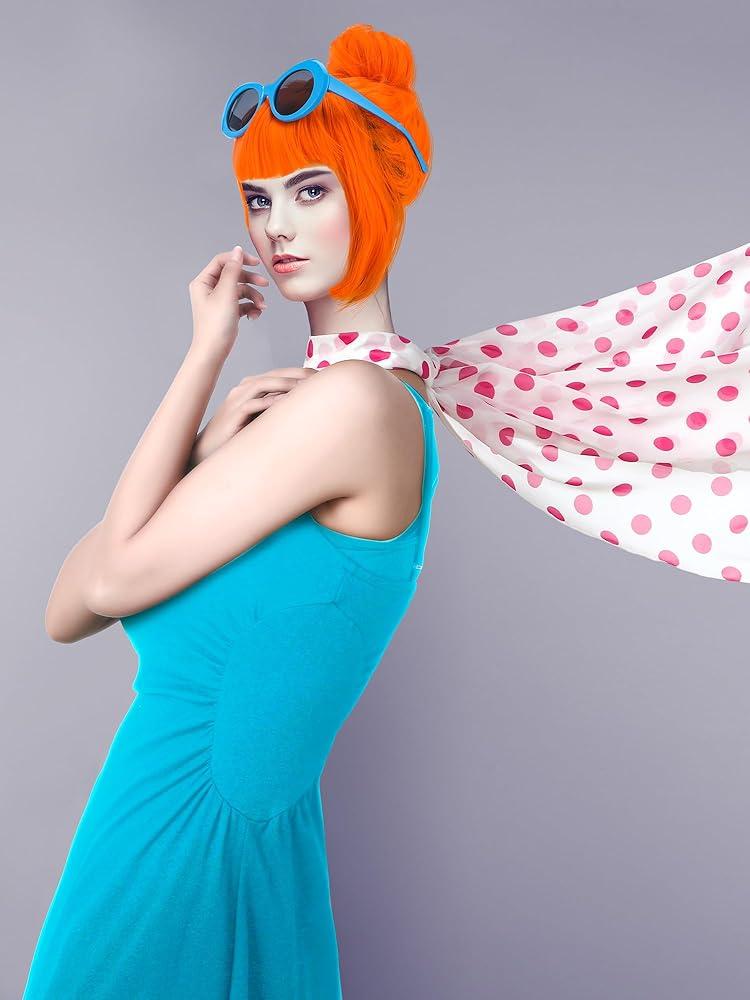 Zrycn 2 PCS Orange Wig,  Pink Polka Dot Scarf Set, Costume Accessories for Halloween Costume Women Cosplay Party