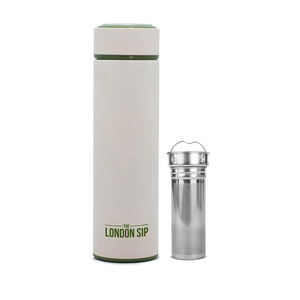 London Sip 16.9 oz Multi-Purpose Tea Infuser Mug – Fruit Infuser Water Bottle for Hot and Cold – Double Wall Stainless Steel Insulated, Safari Beige