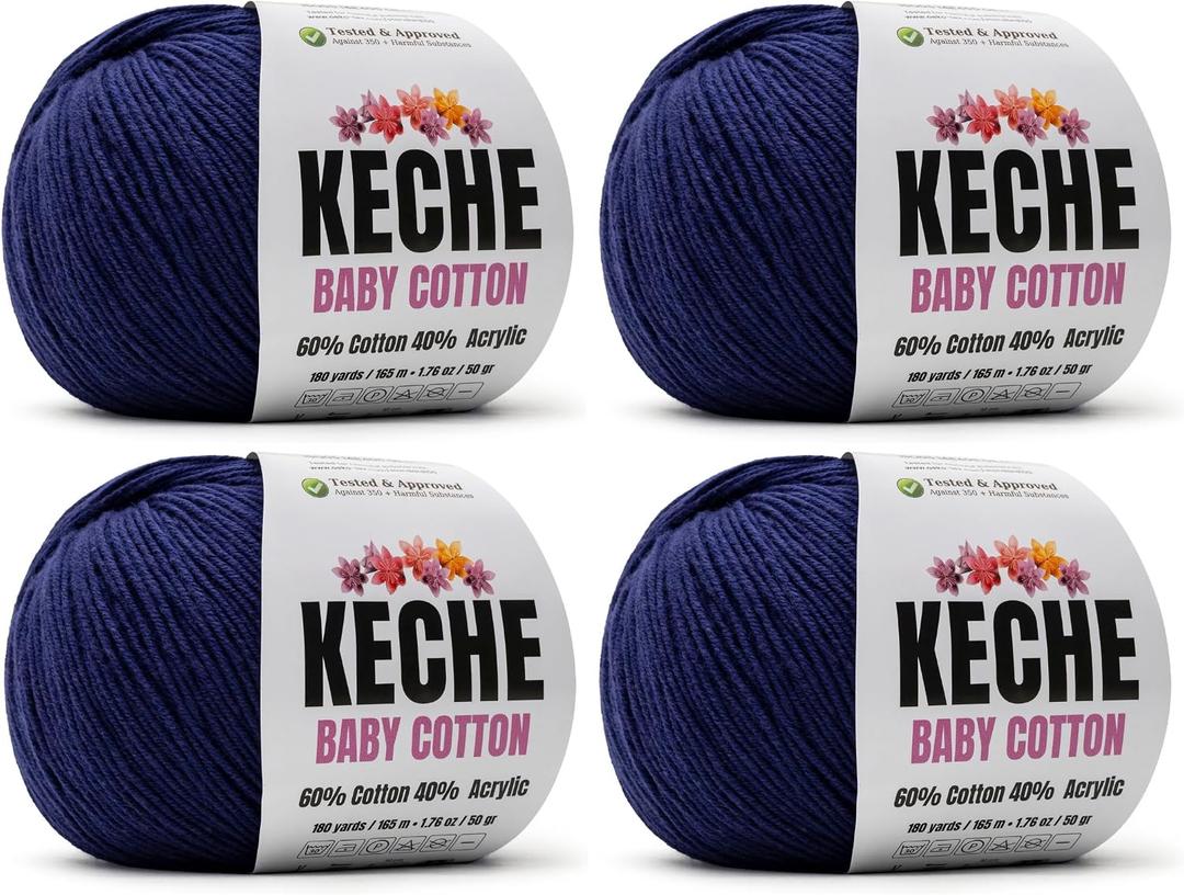 Keche Cotton Yarn, 60% Cotton 40% Acrylic Yarn, Soft Cotton Yarn for Crochet and Knitting, Amigurumi Yarn 4 Skeins/Balls [1.76 Oz (50g) / 180 Yrds (165m)] x 4 - Navy Blue