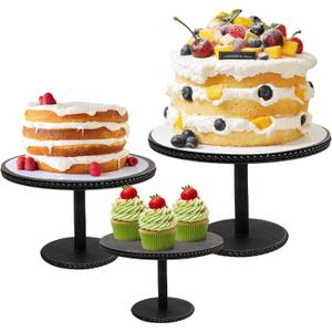 GENMOUS 8", 10", 12" Rustic Farmhouse Cake Stand, Decorative Wooden Beaded Cake and Cupcake Stand Combo for Birthday Party Decor, 3 Tiered Dessert Table Display Set for Wedding, Baby Shower, Black