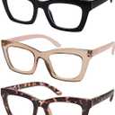 AMOMOMA 3 Pack Trendy Oversized Blue Light Stylish Readers for Women,Retro Square Cute Sturdy Computer Womens Reading Glasses AM6042 Black+Brown+Purple Tortoise 1.5