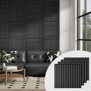 Upick Acoustic Wood Wall Panels - 4 Pack 24"x24" Sound-Absorbing Slat Wood Panels, MDF Panels for Home, Studio, Office (Matte Black)