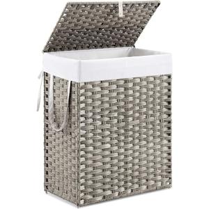 DUMOS Woven Laundry Basket with Lid, 90L Large Capacity Hamper, Removable & Machine-Washable Liner, Foldable Rattan Clothes Hamper, Sturdy Steel Frame, Odor Control, Dove Gray