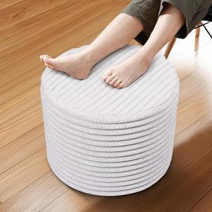Setguopal Round Pouf Ottoman, Stuffed Floor Pouf with Foam Chunk Filling, Soft Coral Fleece Furry Foot Rest Stool, Multi-Use Ottoman for Living Room, Wide Stripe Boho Decor, Gray