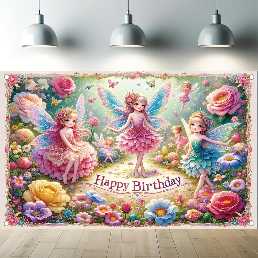 Fairy Happy Birthday Backdrop Banner Enchanted Garden Party Decoration Cute Floral Fairy Tale Banner for Girls Kids Birthday Photography Background Photo Booth 71 x 43 inch