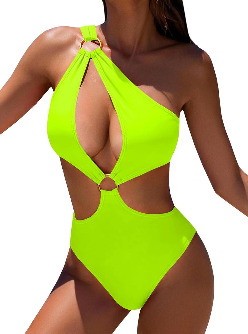 Hilinker Womens Cut Out Sexy One Piece Swimsuit Monokini One Shoulder Tummy Control Bathing Suits, Green (XL)