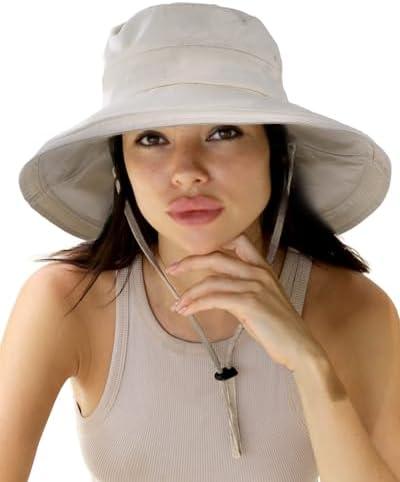 Sun Hats for Women Gardening Hat Wide Brim Ponytail Beach Sun Protection Breathable Cotton Summer Hat with Fold-Up Brim Size M