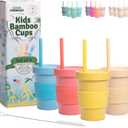 Grow Forward Bamboo Kids Cups with Lids and Straws - 10oz Drinking Cups for Kids with Childproof Twist Lids & Silicone Straws - Eco Friendly, BPA Free, Non Toxic & Dishwasher Safe - Paradise