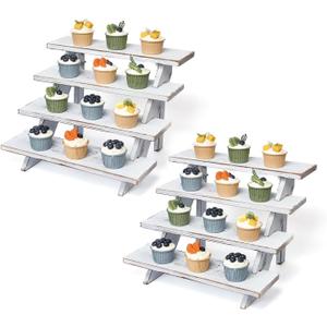 2Pcs Wooden Rustic Cupcake Stand for 24 Cupcakes, Stepped Wood Display Stand for Weddings, Tiered Party Table Display Riser for Food , Dessert, Cookie, Decor, Craft Show, White