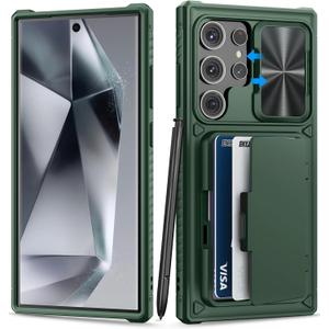 for Samsung Galaxy S24 Ultra Case with Card Holder (Store 4-5 Cards) & Kickstand & Slide Lens Cover, Military Grade Drop Protection, Rugged Silicone Wallet Case for Samsung S24 Ultra 2024, Green