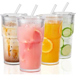 Wells 20oz Glass Cups with Lids and Straws, Ribbed Iced Coffee Cups, Thickened Drinking Glass Tumbler, Ideal for Coffee, Smoothies, Cocktails, and Juices, Clear, Set of 4