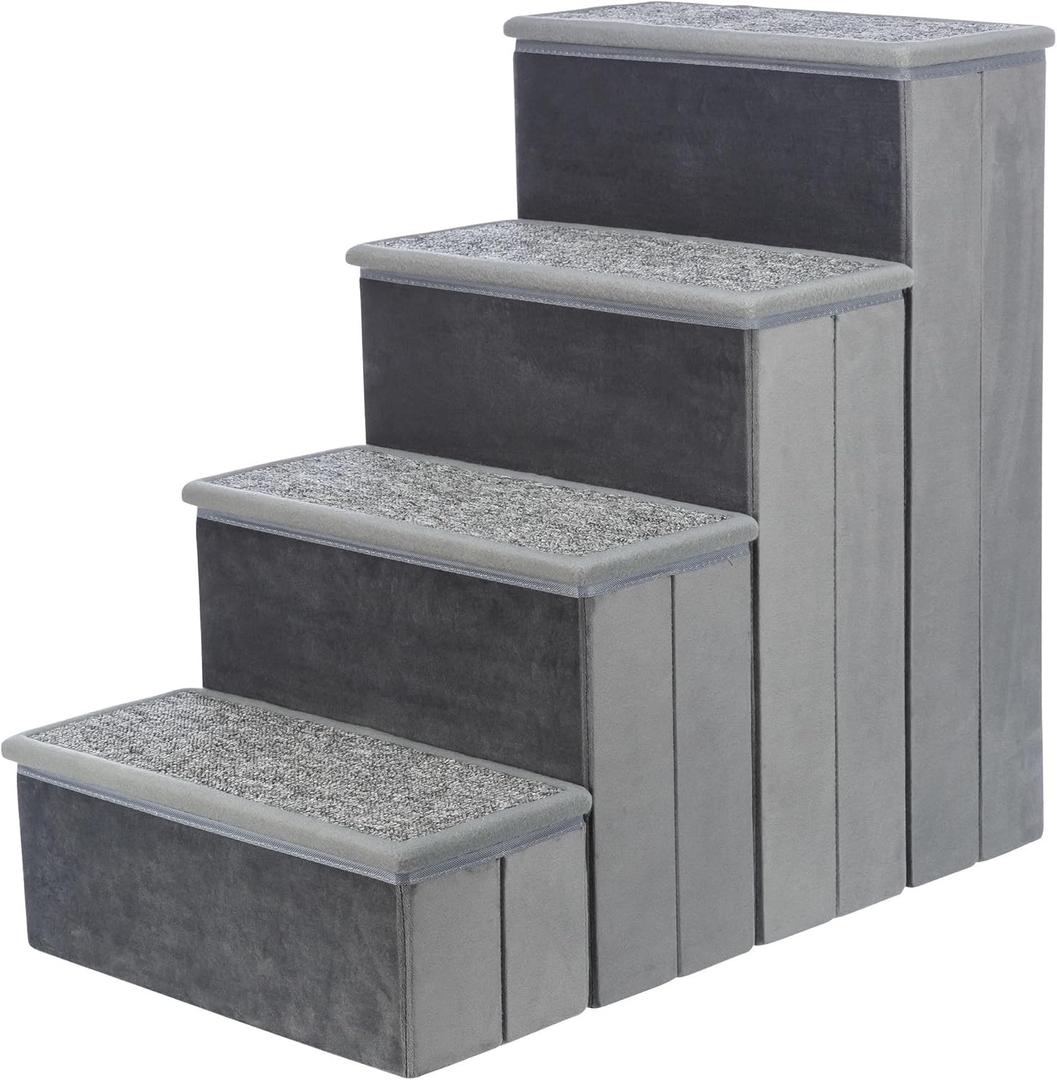 TRIXIE Velour Dog Stairs with Tread Steps - 4 Step Pet Stairs for Beds and Couches - Foldable with Additional Storage Space - in Gray (15" W x 22.8" H)