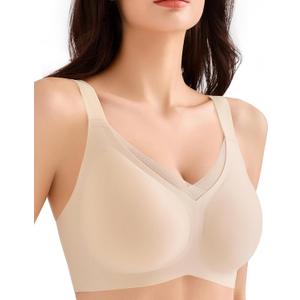 Wireless Comfy Bra for Women, V Mesh Full Coverage T-Shirt Bra Supportive Bralette No Underwire Seamless Sports Bras (Gold, L)