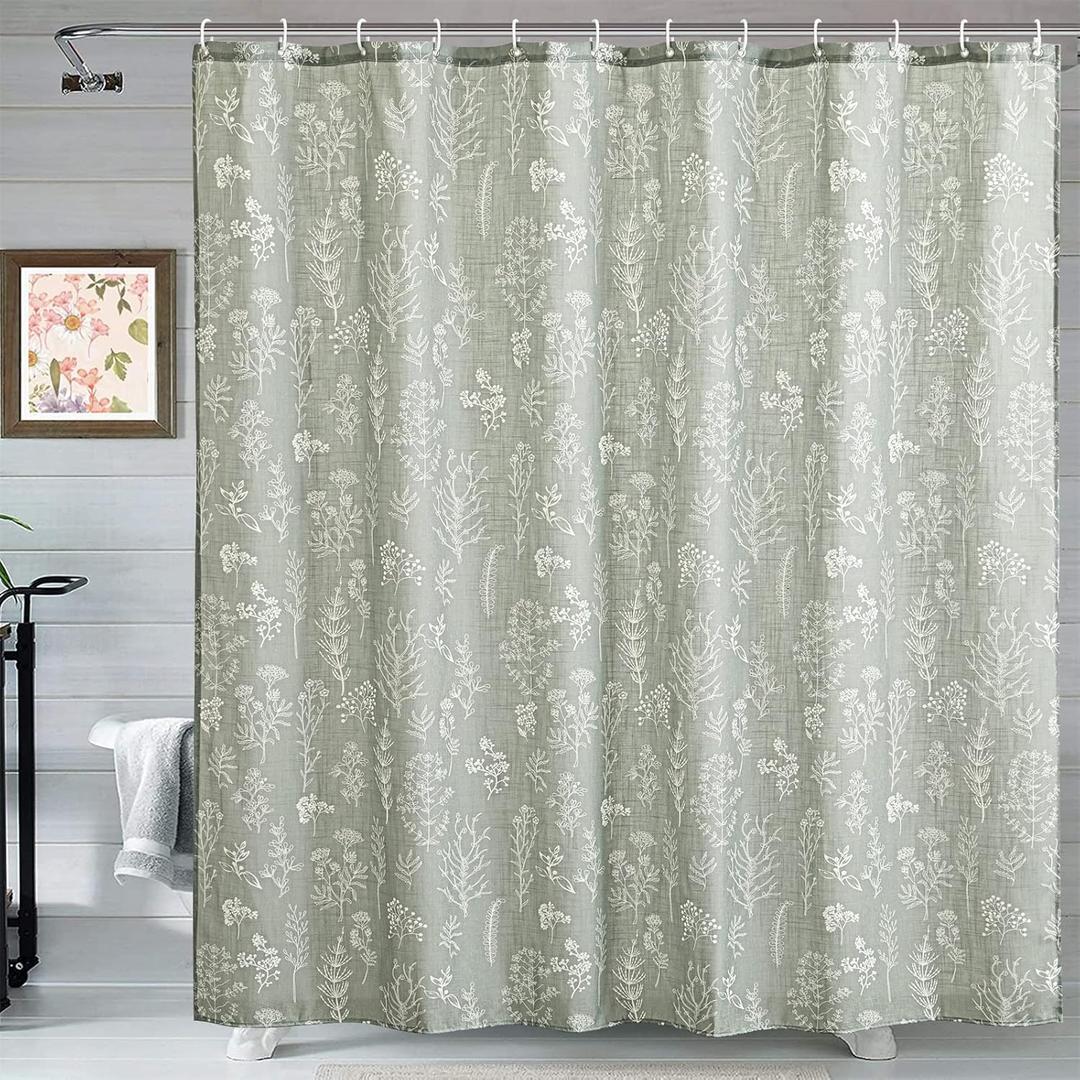 Estmy Green Botanical Linen Shower Curtain for Bathroom, Spring Summer Themed Hand-Drawn Boho Floral Plants Leaves Textured Fabric Shower Curtain Set Modern Farmhosue Vintage Bathroom Decor