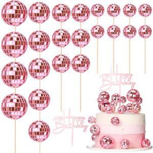 Teenyyou 24 Pcs Disco Ball Cupcake Toppers Happy Birthday Cake Topper 1970s Retro Cake Decorations Shiny Pink Mini Disco Ball Toppers for 70s 80s Theme Party Supplies(Pink)