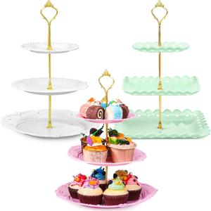 3 Sets of 3 Tier Plastic Cupcake Stand Tea Party Decorations Dessert Plates Cake Fruit Candy Display Tower for Wedding Birthday Baby Shower Tea Party Decorations (Round,Square)