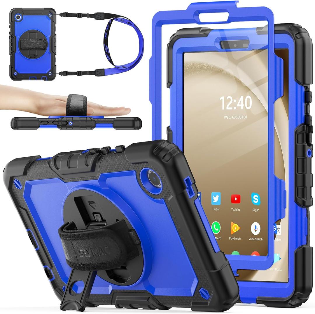 SEYMAC stock Case for Samsung Galaxy Tab A9 8.7'', Full-Body Drop Protection Case with Screen Protector Pencil Holder [360 Rotating Hand Strap] &Stand, Blue+Black