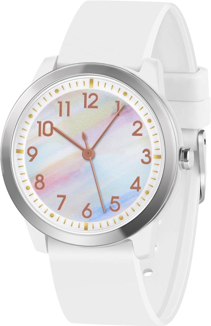 PROKING Kids Watch for Girls Boys Children Teens Analog for Kid 8-18 Years Old Learning Time and Easy to Read 50M Waterproof with Soft Band, Great Gift for Kids (White - Rainbow Dial)