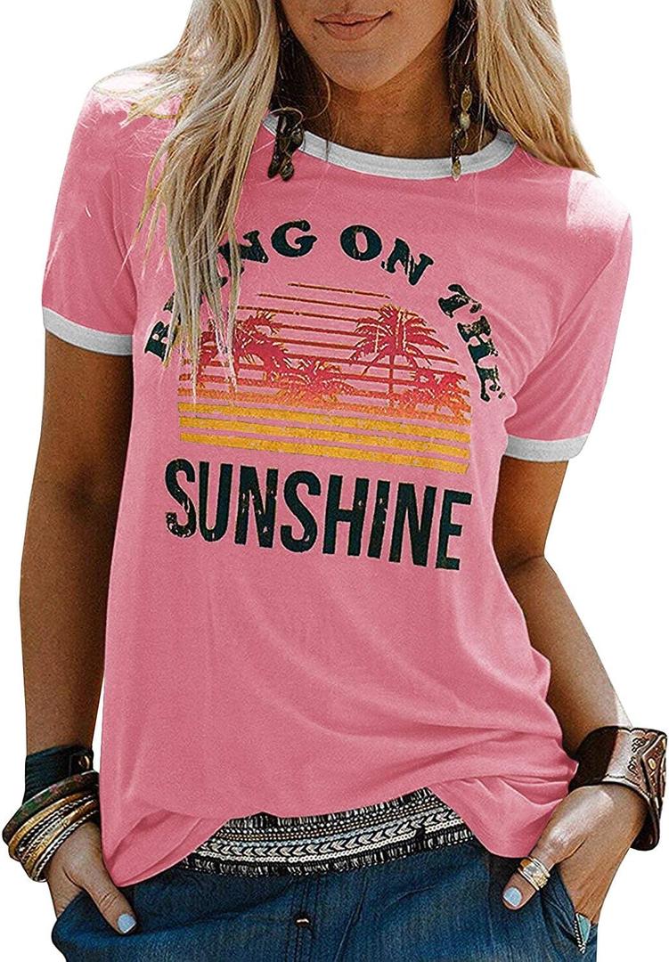 YEXIPO Graphic Tees for Women Short Sleeve Summer Tops Funny Letter Printed Loose Casual T Shirts (Large, Pink)