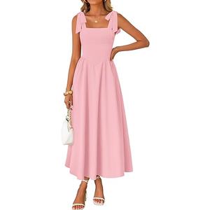 Women's Summer Spaghetti Strap Maxi Dress 2026 Tie Shoulder Square Neck Flowy Wedding Guest Party Beach Long Dresses, Pink XL