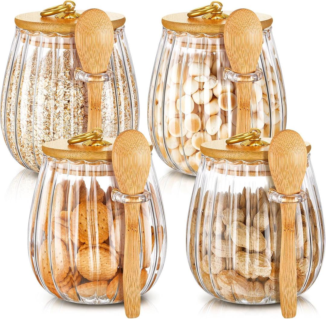 Pinkunn Set of 4 Glass Stripe Sugar Container with Bamboo Spoons 20 Fl oz Coffee Bar Accessories with Lids Coffee Sugar Container Set for Kitchen Food Storage Beans Powder(Oval)