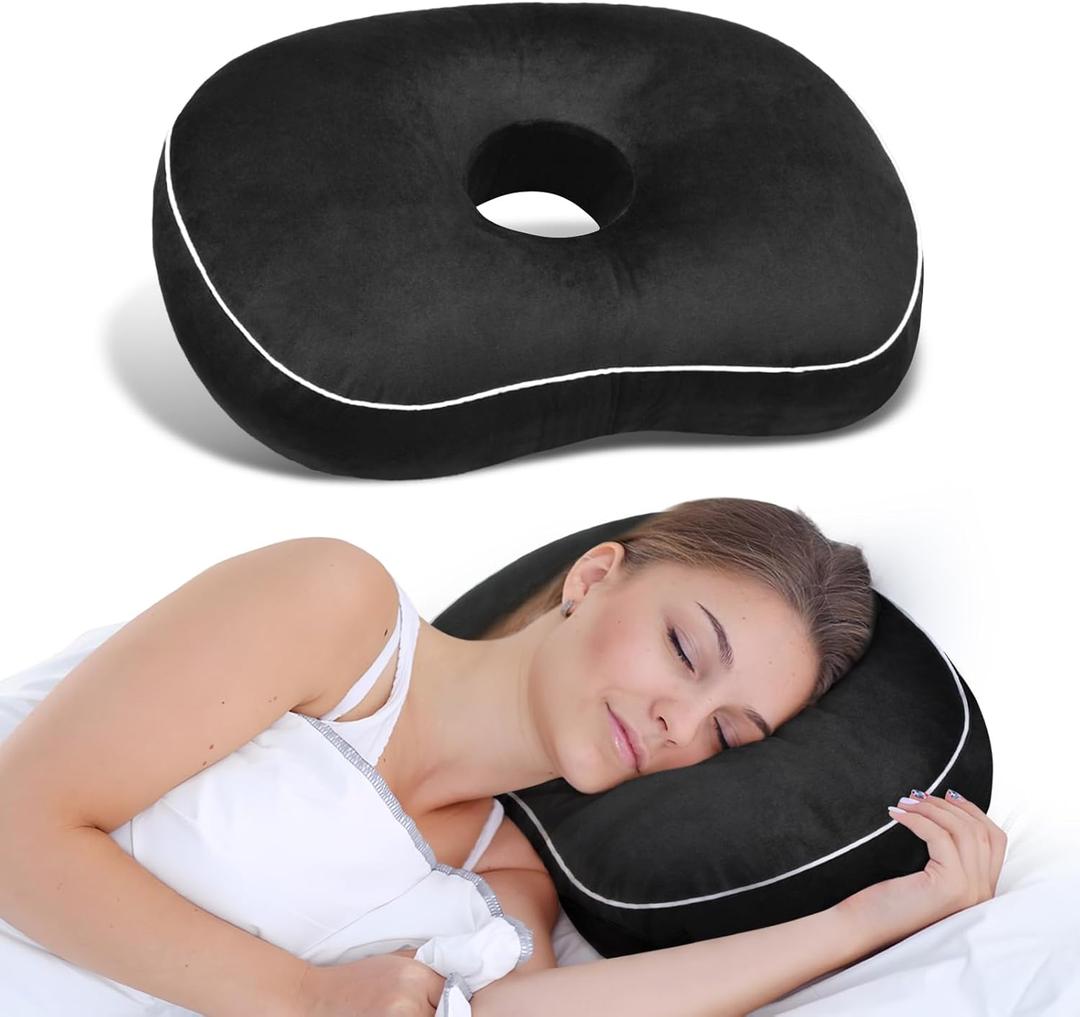 Ear Piercing Pillow for Side Sleepers with an Ear Hole for CNH and Ear Pain Ear Inflammation Pressure Sores, Cotton and Polyester Adjustable Filling Washable and Adjustable Ear Guard Pillow, Black 