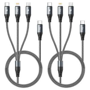 USB C Multi Charging Cable 3A,[2Pack 4FT] 3 in 1 Charging Cable Nylon Braided Multiple Phone Charger Cord Fast iPhone Charging Cord with Type-C,Micro USB,IP Port for iPhone17/16/15/14/Android and More (grey2)