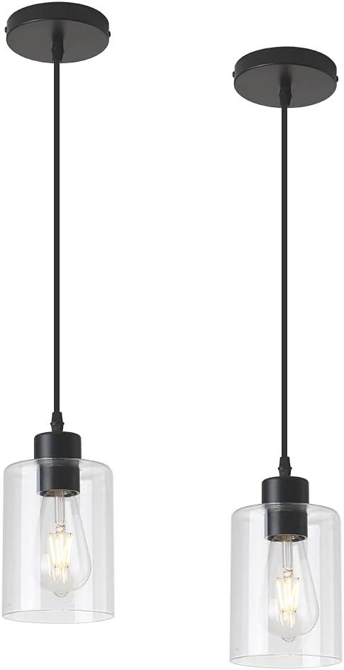 Modern Black Farmhouse Clear Glass Cylinder Pendant Light Fixture, Island Lights for Kitchen, Mini Pendant Lighting for Kitchen Island Decor - 4.75 Inch Shade 58 Inch Cord (Black 2 Pack)