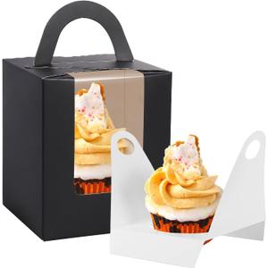 JCD 70Pcs Black Portable Cupcake Boxes Individual with Handle,Individual Cupcake Carrier with window and Insert Muffins Cupcake Carriers Holder Cookie, Chocolate Strawberries,Cupcakes(Black, 70pcs)