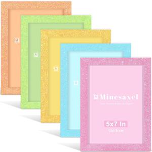 5x7 Colorful Picture Frame Set of 5, Wall Gallery 5 x 7 Glitter Photo Frames, Sparkle Cute Fun Artwork Frame for Wall or Tabletop