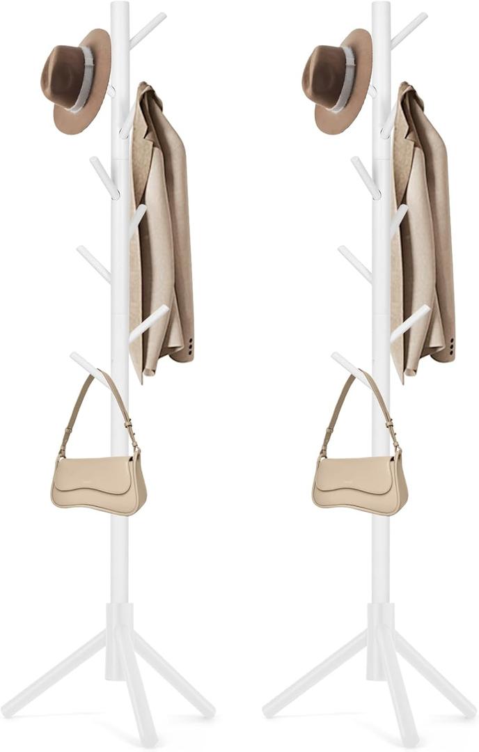 WANGMUXIA 2 PCS Coat Rack, Freestanding Coat Rack with 8 Hooks and 3 Adjustable Size Tree Coat Racks for Bedroom, Hallway, Entrance, Office, for Hats, Coats, Scarves, Handbags (White)