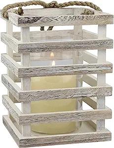 Stonebriar SB-5080B Worn White Wooden Beach House Candle Lantern with Rope Handle and Removable Glass Cylinder Hurricane, MEDIUM