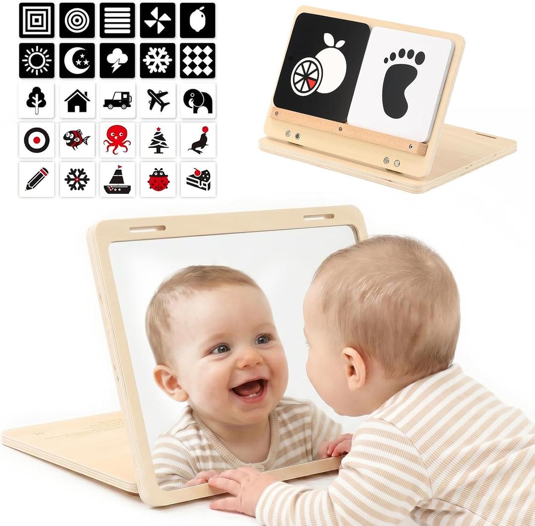 Tummy Time Play Set - Montessori Baby Safe Mirror Toy and Card Display Stand with High Contrast Black and White Cards, Adjustable Angle Large Baby Mirror and Double-Sided Design for 0-6M Newborns