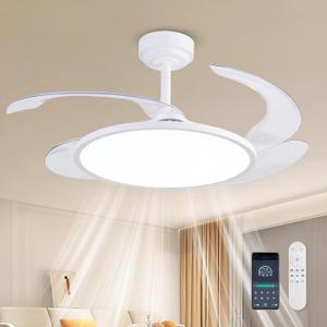 AHAWILL 48'' Retractable Ceiling Fan with Remote/APP Control,Bladeless Ceiling Fan with LED Lights,Stepless Full Spectrum,Memory,Modern Silent Fandelier for Bedroom Dining Room Living Room,White