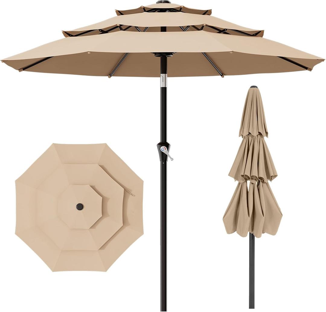 AreShark 9ft 3-Tier Patio Umbrellas, Outdoor Umbrella with 8 Sturdy Ribs UV Protection Windproof, Market Table Umbrella w/Push Button Tilt & Crank for Pool, Porch, Deck, Garden(Beige)