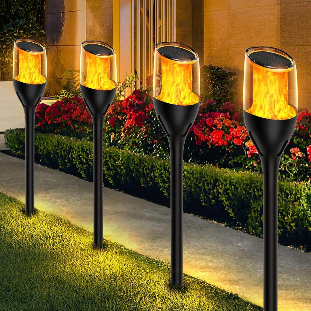 WdtPro Upgraded Solar Lights Outdoor, 8 Pack Taller Flickering Flame Solar Torch Lights, Waterproof Halloween Lights Solar Powered, Flame Light for Halloween Outside Patio Yard Decor (Yellow)