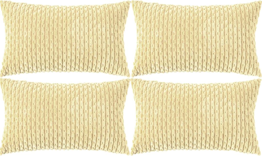 Set of 4 Pale Yellow Decorative Throw Pillow Covers 12x20 Inch Corduroy Pillow Covers for Bed Couch Sofa Living Room Soft Cushion Cases