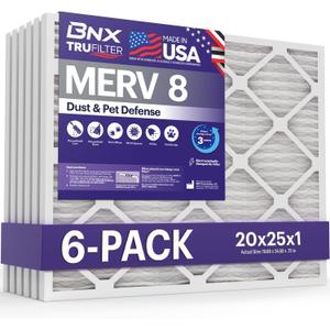 BNX TruFilter 20x25x1 Air Filter MERV 8 (6-Pack) - MADE IN USA  Dust & Pet Defense Electrostatic Pleated Air Conditioner HVAC AC Furnace Filters for Dust, Pet, Mold, Pollen MPR 600  700 & FPR 5