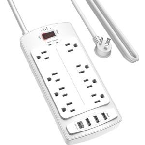 Surge Protector Power Strip - Nuetsa Flat Plug Extension Cord with 8 Outlets and 4 USB Ports, 10 Feet Power Cord (1625W/13A), 2700 Joules, ETL Listed, White