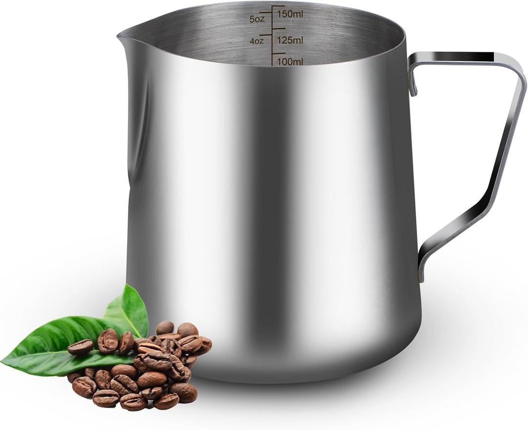 5oz Mini Milk Frothing Pitcher-Stainless Steel Steaming Jug for Espresso, Cappuccino & Coffee-Heat-Resistant, Dripless Spout, Measurement Scale, Dishwasher Safe (150ml/5oz)