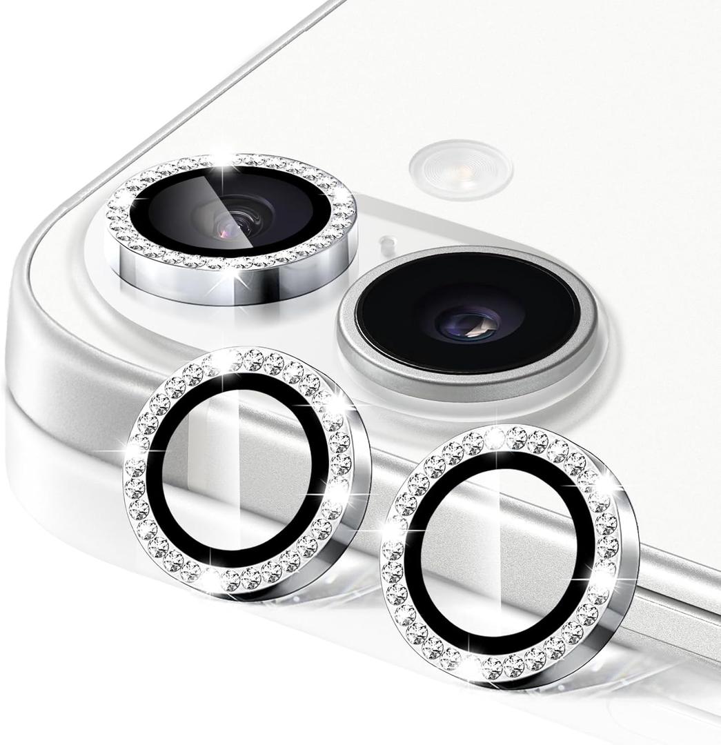 Camera Lens Protector for iPhone 17, 9H Ultra-thin Tempered Glass, Diamond Bling Cute Girly Metal Individual Camera Cover Accessories for Women, Silver