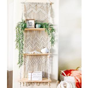 SnugLife Macrame Wall Hanging Shelf - 3 Tier Wall Plant Hanger Shelves with Handmade Woven Rope - Boho Shelves Organizer for Kitchen, Bathroom, Home Storage, Floating Plant Shelf (Pine Wood)