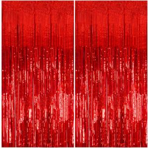 2 Pack Foil Curtain Backdrop Red Metallic Tinsel Foil Fringe Curtains Photo Booth Props for Birthday Wedding Engagement Baby Shower Bachelorette Christmas Holiday Celebration Party Decorations