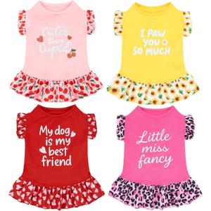 XPUDAC 4 Pack Cute Dog Dress for Dog, Floral Puppy Dress Sweet Girl Pet Skirt Outfits Colorful for Birthday Holiday Spring Summer Pet Clothes for Girls, M